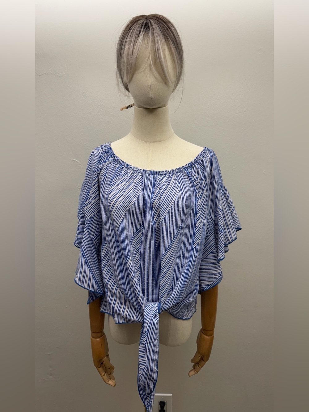 Tyche Blue White Striped Off Shoulder Tie Front Flutter Sleeve Blouse M
